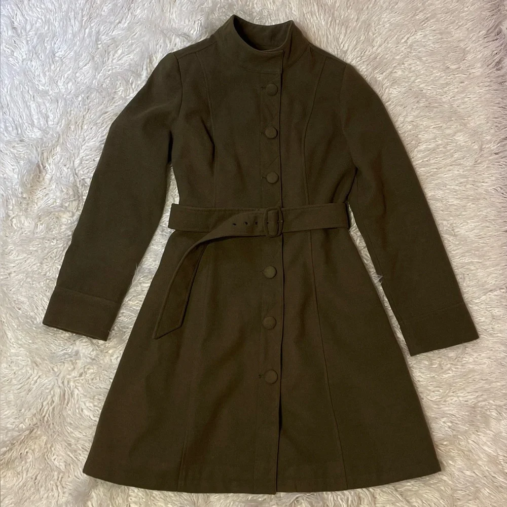 Modcloth Olive Belted High Collar Wool Coat - Picture 2 of 13